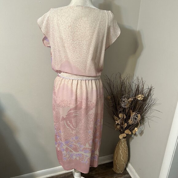 Vtg 80s Unbranded Pink Floral Elastic Waist Sheer Slit Midi Dress Belt Sz M ? - Picture 2 of 9